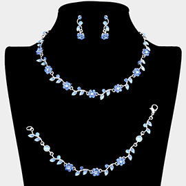 3PCS - Flower Leaf Cluster Rhinestone Necklace Jewelry Set