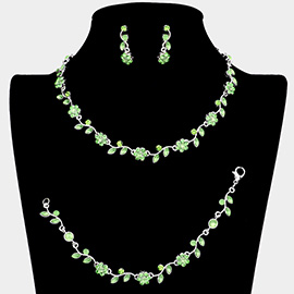 3PCS - Flower Leaf Cluster Rhinestone Necklace Jewelry Set