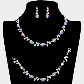 3PCS - Flower Leaf Cluster Rhinestone Necklace Jewelry Set