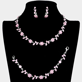 3PCS - Flower Leaf Cluster Rhinestone Necklace Jewelry Set