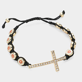 Rhinestone Paved Cross Pointed Cinch Pull Tie Bracelet