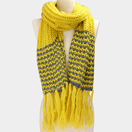 Two Tone Knit Striped Fringe Oblong Scarf