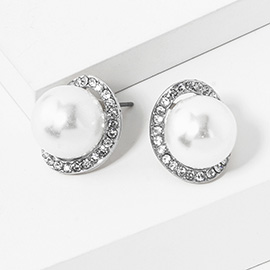 Crystal trim pearl stud earrings