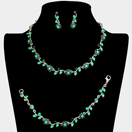 3PCS - Flower Leaf Cluster Rhinestone Necklace Jewelry Set