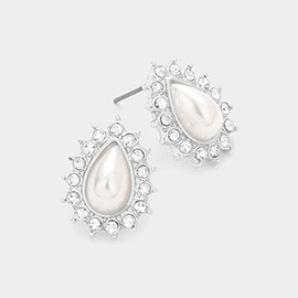 Stone Paved Trim Teardrop Pearl Stud Earrings