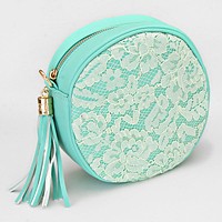 Tassel Accented Floral Lace Shoulder Bag