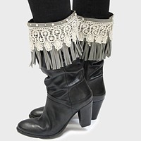 1-Pair Lace Accented Suede Fringe Boot Toppers