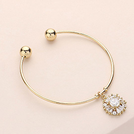 Floral Crystal CZ Stone Charm Cuff Bracelet