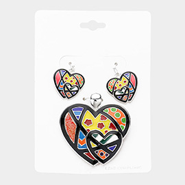 Enamel Color Block Heart Pendant Set