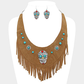 Day of the Dead Mexican Sugar Skull Suede Fringe Bib Necklace