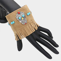 Day of the Dead Mexican Sugar Skull Suede Fringe Bracelet