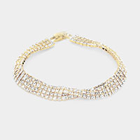 Crossed 4-row crystal rhinestone evening bracelet