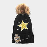 Sequin perfume & star _ patch beanie hat with pom pom