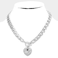 Rhinestone Pave Heart Pendant Toggle Necklace