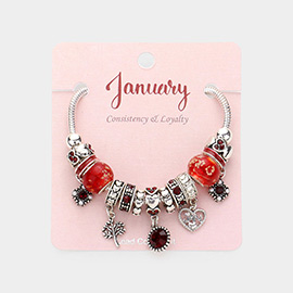 January - Birthstone Heart Charm Multi Beaded Bracelet