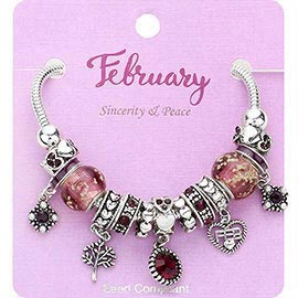 February - Birthstone Heart Charm Multi Beaded Bracelet