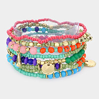 8PCS - Metal Disc Charm Multi Beaded Stretch Bracelets