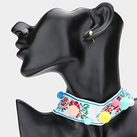 Embroidery Flower Pom Pom Choker Necklace