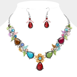 Colored Metal Flower Leaf Teardrop Stone Bib Necklace