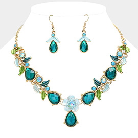 Colored Metal Flower Leaf Teardrop Stone Bib Necklace