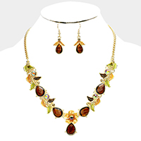 Colored Metal Flower Leaf Teardrop Stone Bib Necklace