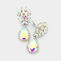 Flower Glass Crystal Teardrop Dangle Clip on Earrings