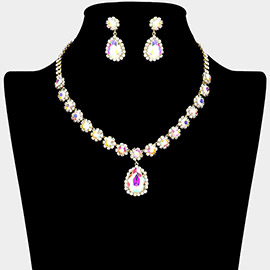 Floral Rhinestone Pave Glass Teardrop Dangle Necklace