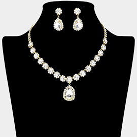 Floral Rhinestone Pave Glass Teardrop Dangle Necklace