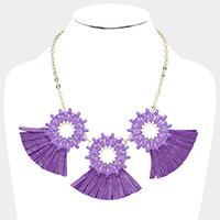 Oval Stone Cluster Hoop Raffia Fringe Statement Bib Necklace