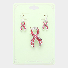 Crystal Pink Ribbon Pin Brooch / Pendant Set