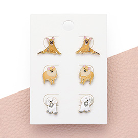 3Pairs - Enamel Dog Stud Earrings