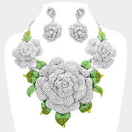 Crystal Pave Rose Flower Accented Evening Necklace