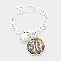 Monogram Pearl Charm Chain Link Monogram Bracelet