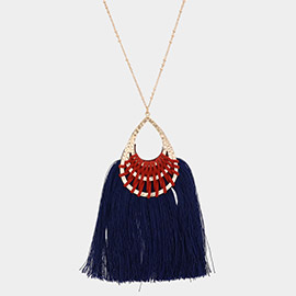 Fan Tassel Hammered Teardrop Pendant Long Necklace