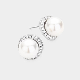 Pearl Centered Rhinestone Pave Simple Stud Earrings