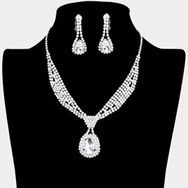 Rhinestone Pave Teardrop Collar Necklace & Clip Earring Set