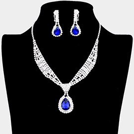 Rhinestone Pave Teardrop Collar Necklace & Clip Earring Set