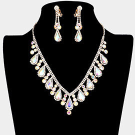 Crystal Rhinestone Bubbly Teardrop Necklace Clip on Earring Set