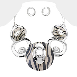 Zebra Patterned Celluloid Acetate Glass Stone Metal Statement Necklace