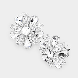 Pave Crystal Teardrop Floral Evening Clip On Earrings