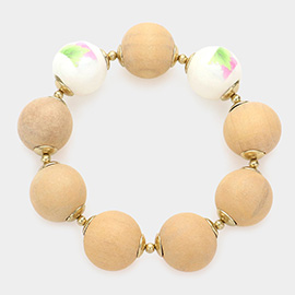 Flower Print Ceramic Ball Wood Stretch Bracelets