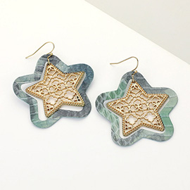 Faux Leather Moroccan Filigree Star Dangle Earrings