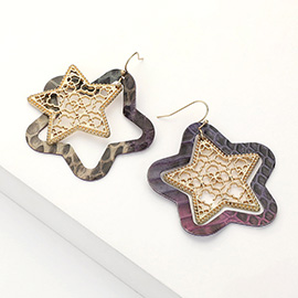 Faux Leather Moroccan Filigree Star Dangle Earrings