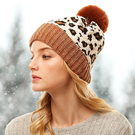 Leopard Print Pom Pom Beanie Hat