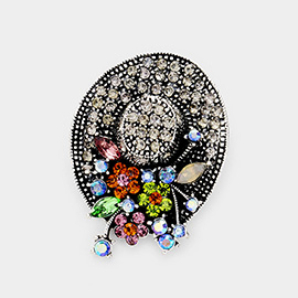 Flower Bouquet Hat Rhinestone Pave Pin Brooch