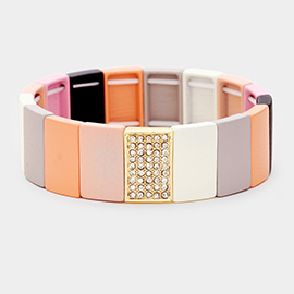 Colorful Wood Rectangle Rhinestone Pave Stretch Bracelet