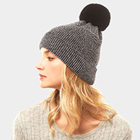 Metallic Thread Pompom Beanie Hat 