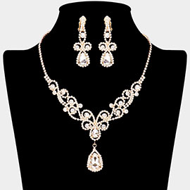 Teardrop Crystal Rhinestone Vine Drop Collar Necklace Clip on Earring Set