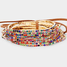 12PCS - Ribbon Colorful Rhinestone Layered Stretch Bracelets