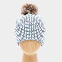 Double Layer Bedazzled Cuffed Pom Pom Beanie Hat 